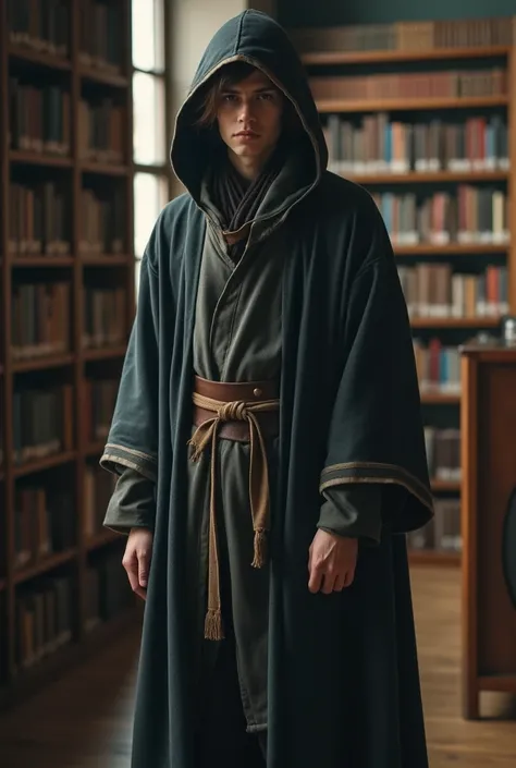 TEENAGE MALE WITH LONG HAIR WEARING LONG CLOTHING WITH TRANSPARENT HOOD IN A SAD LIBRARY