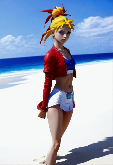 (promotional art), (whole body view), (kid from chrono cross:1.4), yellow hair in high ponytail braid, sapphire blue eyes, very ...