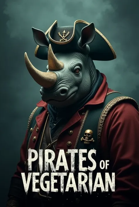 Create a cinematic poster featuring photorealistic portrait of Dressed animals - a ((fat)) rhinoceros pirate, , wearing  pirate costume and  pirate hat , with a serious, intense expression, He should be slightly off-center in the composition, The backgroun...