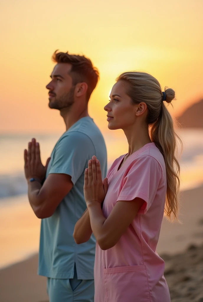 a handsome man and a beautiful woman, looking straight ahead, doing yoga on the beach, therapist uniform, sunset, 40 years old, beautiful almond eyes, Delicate nose and lips, height 170 cm, weight 70kg, Realist, (best qualityer,4K,8k,high resolution,work o...