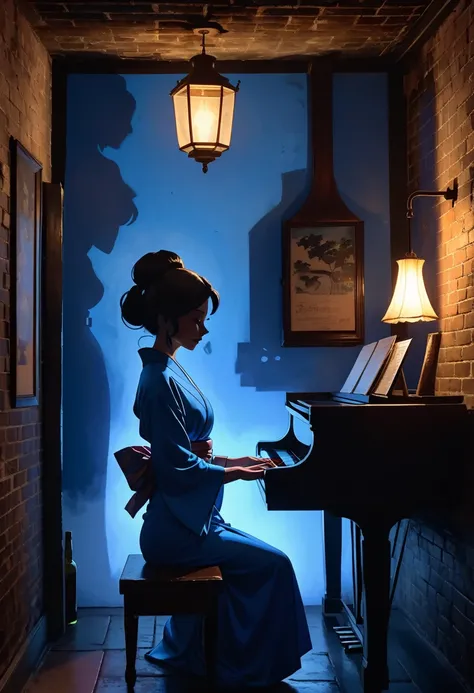 America　Silhouette of a woman in a kimono playing piano in a vintage jazz bar in New Orleans　Some paintings on a brick wall　A blue gas light is attached to the wall.　vintage　A smoky, dimly lit jazz bar　Shadow play　Whiskey bottle