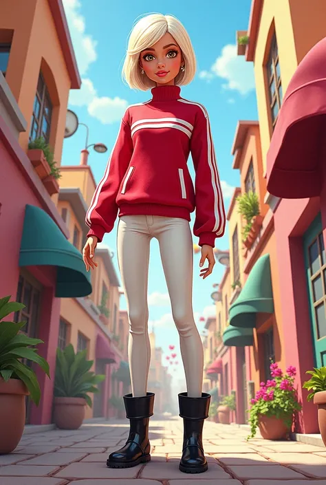 Barbie cartoon style, with brown eyes,short white hair ,dressed in a red top with white stripes,white pants,and black boots 