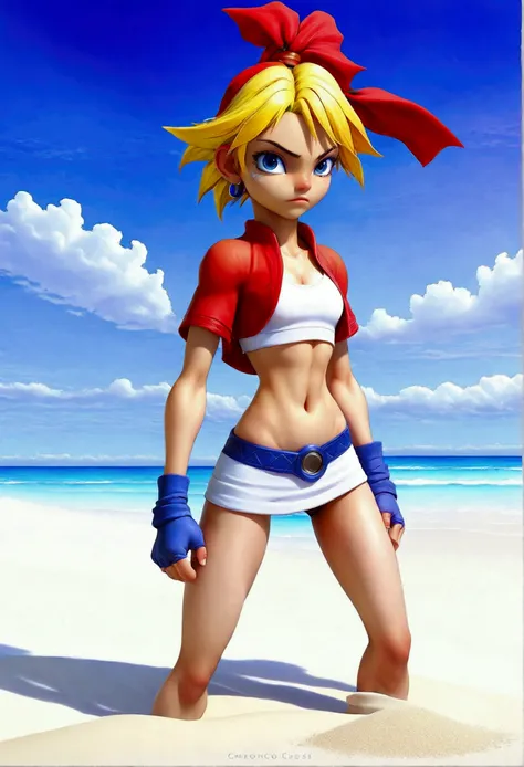 (promotional art), (whole body view), (kid from chrono cross:1.4), yellow hair in high ponytail braid, sapphire blue eyes, very ...