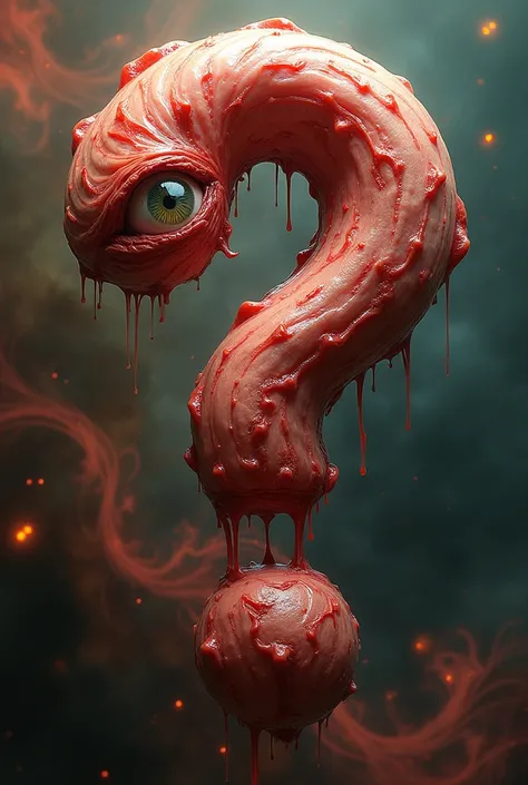 A question mark made out of human flesh and has one human eye, solid background of many colours exploding 