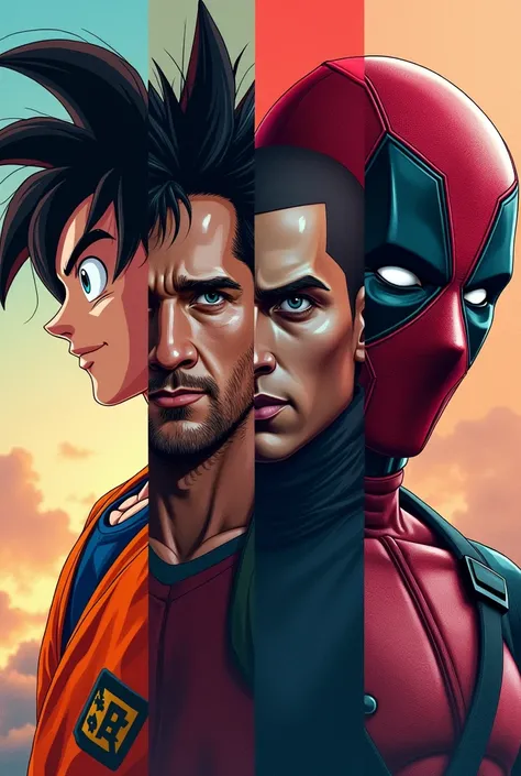 Create a collage of 4 Goku photos, Messi, Deadpool y eminem