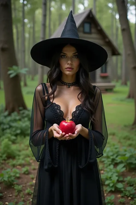 in a forest a beautiful witch, wearing a beautiful, sensual and transparent black dress, she is outside a house that seems to have come from a fairy tale, in the hands of the witch is a beautiful and juicy apple, but this is not a story of Snow White, in f...