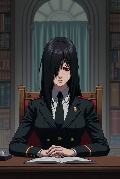 Dictator villain anime girl in her office with hair covering one eye 2D Animation 