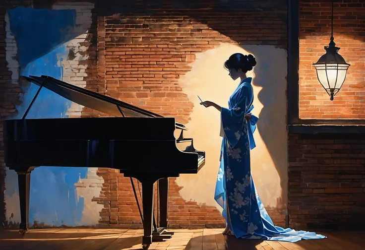 America　Silhouette of a woman in a kimono playing piano in a vintage jazz bar in New Orleans　Some paintings on a brick wall　A blue gas light is attached to the wall.　vintage　A smoky, dimly lit jazz bar　Shadow play　Whiskey bottle