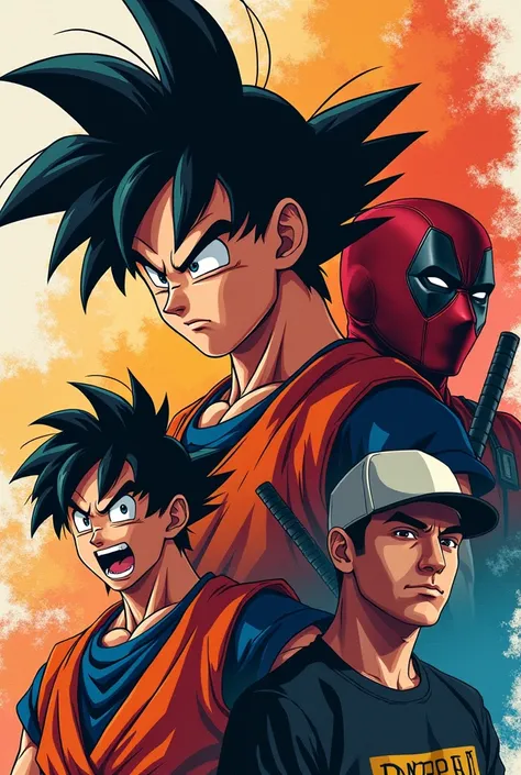 Create a collage of 4 Goku photos, Messi, Deadpool y eminem