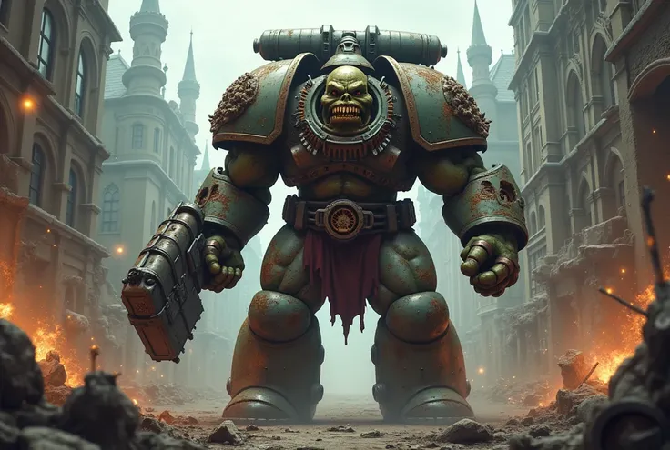 A terrifying Orky Warboss with scrap metal rusty power armor, 2 Dakka cannons, and a huge power claw leads his enraged mob of Boyz to go crumpin, Warhammer 40k, streets of a ruined gothic city