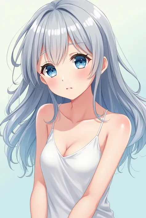 A cute girl with silver hair and small breasts drawn in anime style with blue eyes