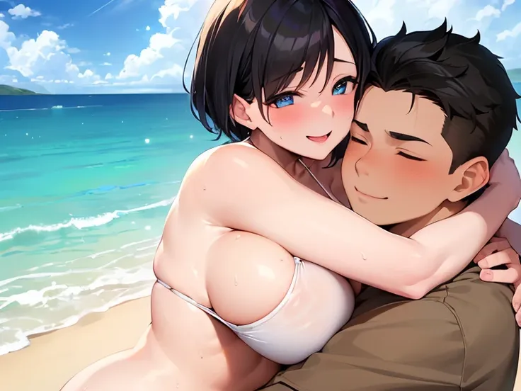 (gleaming skin:1.3), (mature woman, 42yo:1.3), blush, laughing, A woman with black short hair, sky-blue eyes, wearing a white bikini, gigantic breast, curvy body, standing, beach. arms behind back. nsfw, (hug, 1boy, young boy:1.5), 