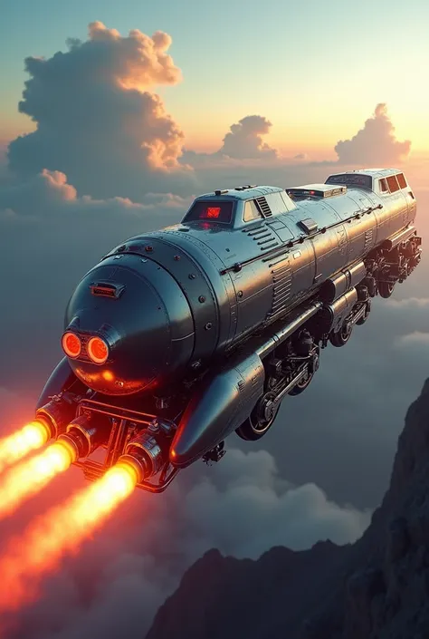 a futuristic rocket train, highly detailed 8k, photorealistic, ultra-detailed, intricate mechanical design, streamlined body, powerful rocket engines, glowing exhaust plumes, floating above the ground, futuristic landscape in the background, advanced techn...