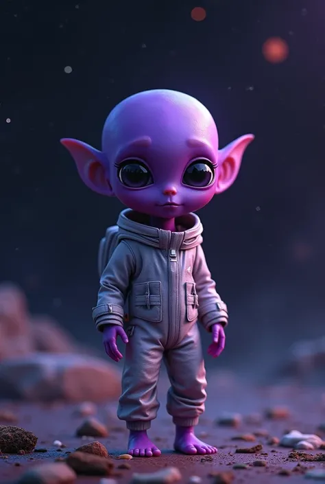 Alien boy with purple skin barefoot in space jumpsuit