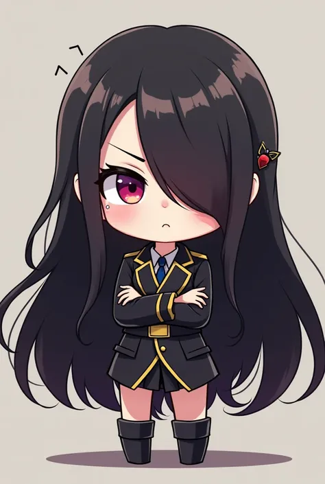 Dictator villain chibi anime girl with hair covering one eye 2D Animation 