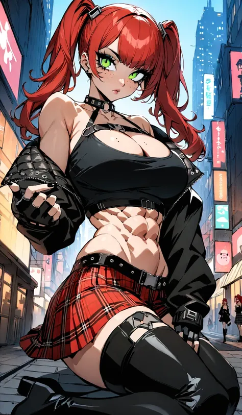 woman, curly red hair in pig tails, green eyes, black eyeshadow, wearing crop top black shirt, long black jacket, red plaid skirt, (black knee high boots), black fingerless gloves, exposed shoulders, large breasts, freckles, abs, cleavage, looking at viewe...