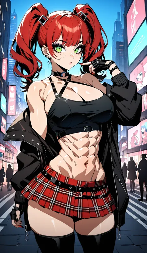 woman, curly red hair in pig tails, green eyes, black eyeshadow, wearing crop top black shirt, long black jacket, red plaid skirt, (black knee high boots), black fingerless gloves, exposed shoulders, large breasts, freckles, abs, cleavage, looking at viewe...