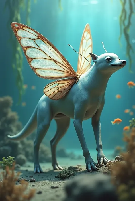 A dolphin with butterfly wings and dog legs
 