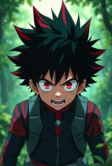 Help me create a My hero academia character with black hair color and with parts of his hair red with ruby red eyes.
on a green background 