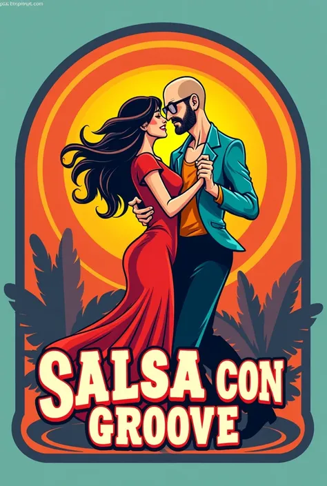 Create a logo for a salsa company named "Salsa con Groove" , with a seventies style and showing a couple dancing, where the man is bald and wears glasses. 