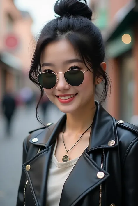 Beautiful young woman of the year、 Korean women、Black Hair、Hairstyle bun、Necklace around the neck、sunglasses、leather jacket、shirt、smile, Beautiful teeth alignment、Intricate details, Very detailed:1.2), 、 Looking into the camera,The background is the town、E...