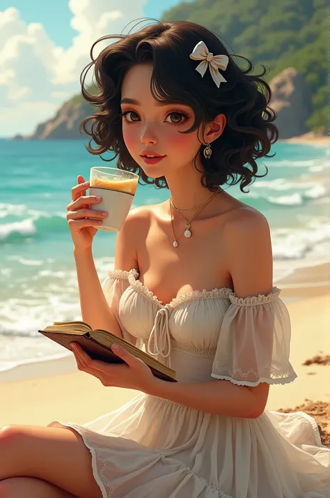 Animated classic Ethereal woman in curly black hair with bow tie in hair, wearing off shoulder bridgerton dress while sipping iced coffee and writing in a diary in the beach