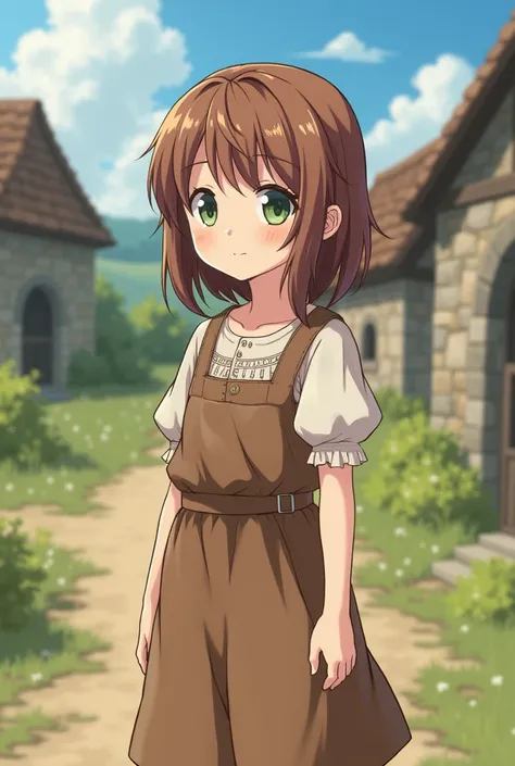 A young girl with a kind and gentle face, still retaining a sense of innocence, standing in a medieval rural setting. She has a slightly pale complexion and a thin, delicate body. The background features a simple countryside environment with rustic element...