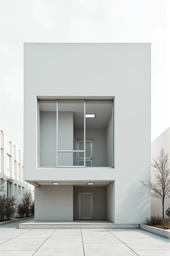 Make me a medium-sized building with large windows facing downwards with a door in the center with a minimalist and functionalist design facing forward.