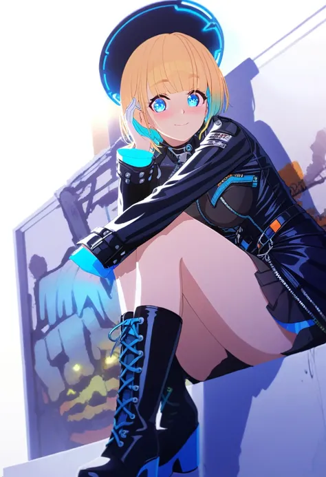 One Girl、Orange Hair、blue eyes、White Line Gradient Hair、Bangs are straight,Detailed Background, masterpiece,Small breasts、 Highest quality, smile, ornament,Portraiture, Blue Neon, graffiti, Glowing Eyes, Highest quality, One Girl,((美しいOrange Hair色))、(Emera...