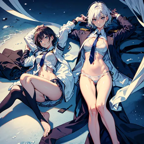 masterpiece,(Perfect Anatomy:1.5), highest quality, 1 lady , slender, leggy, Seductive, (wear a white long sleeved shirt, tie, navy officer winter jacket:1.5), white bikini pantie , barefoot, Perfect hands, Perfect body, reclining, lying on a sofa, leg up ...