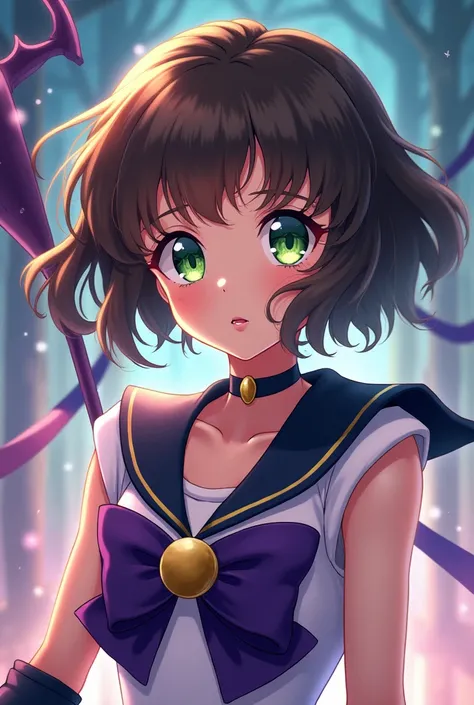 anime girl, green eyes, short brown hair, dressed in Sailor Moon Saturn transformation 