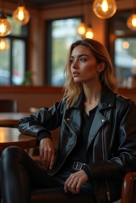 Woman in black leather jacket relaxing on a chair in a cafe