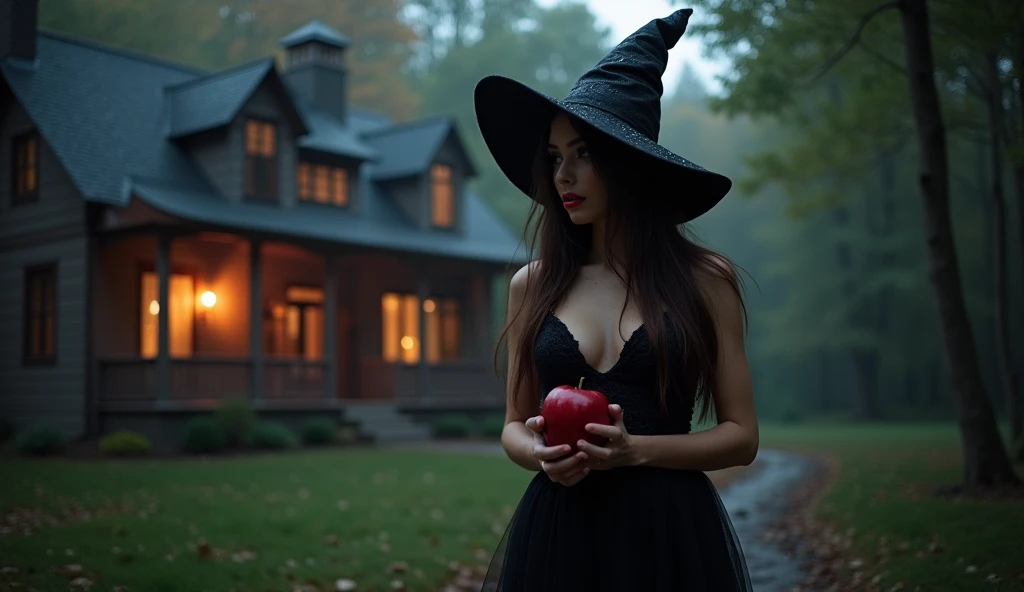 Its dawn and in a dark forest a beautiful and hot brunette witch with very large and appetizing breasts and a guitar-style body exudes voluptuousness, temptation and pleasure, wearing a beautiful, sensual, elegant and transparent black dress that resembles...