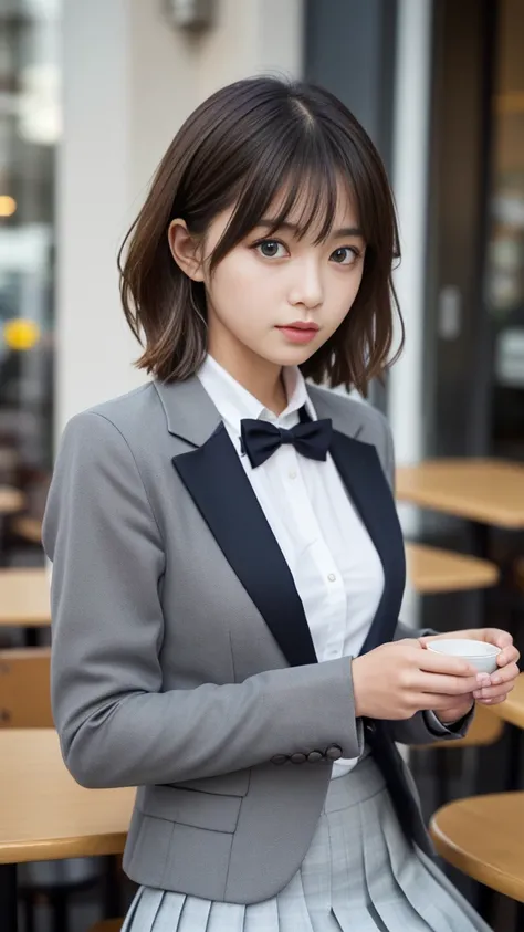 8k, Highest quality, The real picture, Intricate details, Very detailed, Ultra-high resolution, Depth Field,(Realistic,Realistic:1.2),Tabletop , Front shot , Shot in a fashionable café , girl, とても美しい17歳のgirl, Innocent big eyes,、Very detailed目:1.2)、Bangledi...