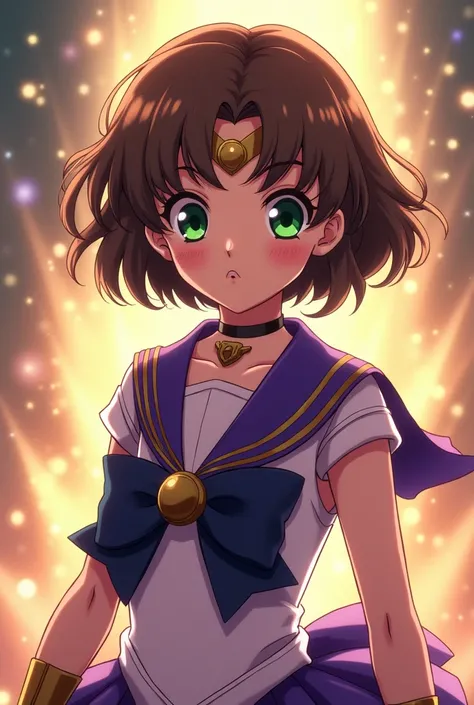 anime girl, green eyes, short brown hair, dressed in Sailor Moon Saturn transformation 