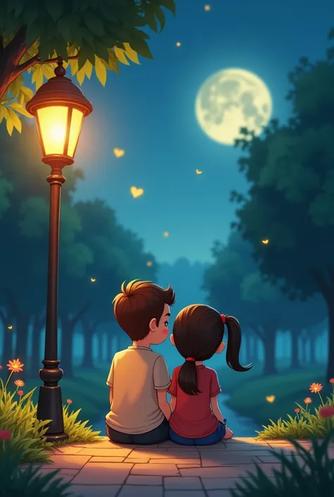 cartoon two couple sit under night lamp at park facing behind. With word “Forever we’ll grow”