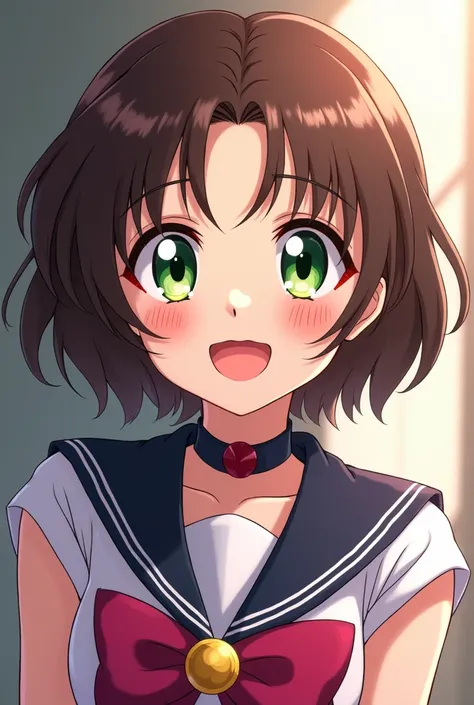 anime girl, green eyes, short brown hair, happy expression, dressed in Sailor Moon Saturn transformation 