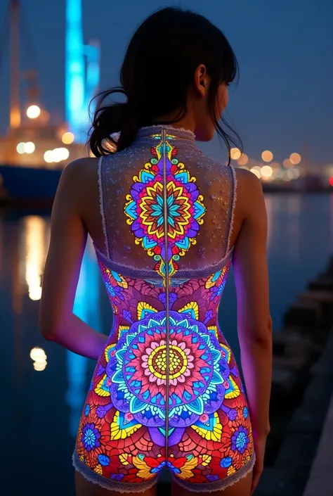 (masterpiece, Highest quality), 8k,(((Very detailed))), Race:1.8, Super intricate Race pattern, colorful Race pattern, Stained glass transparent body, colorful fluorescent colors、　Mandala,light up, 1 female, Open Back, 18 years old、Japanese, Photo of Lee J...