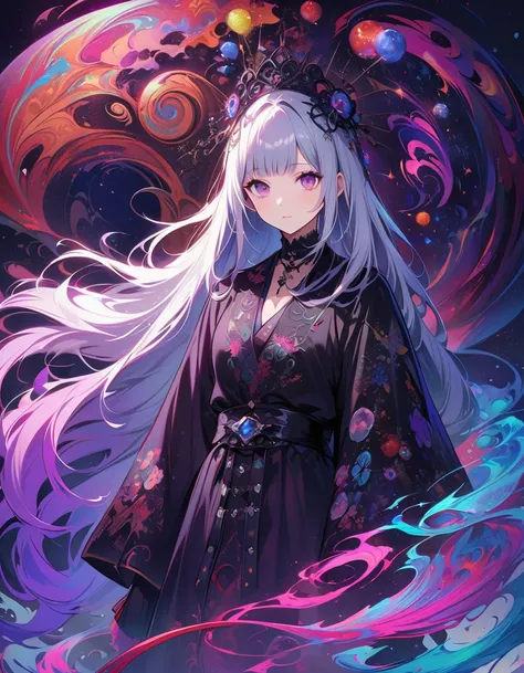 One Woman、Age 25、Realist, (masterpiece, Highest quality, Official Art, beauty, Gothic, Tokyo Ghoul Style: 1.2), Very detailed, Fractal Art, nice, Learn more, Tangled, Atmospheric, Cosmic, psychedelic, dream-like, fear,  Purple Hair, Purple eyes, Long Hair,...