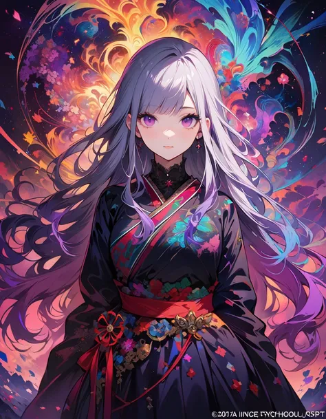 One Woman、Age 25、Realist, (masterpiece, Highest quality, Official Art, beauty, Gothic, Tokyo Ghoul Style: 1.2), Very detailed, Fractal Art, nice, Learn more, Tangled, Atmospheric, Cosmic, psychedelic, dream-like, fear,  Purple Hair, Purple eyes, Long Hair,...