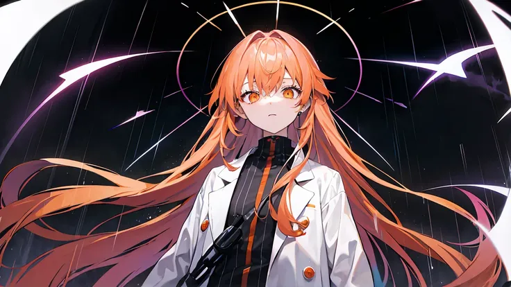 Orange eyes、Light purple and orange hair color、Long Hair、upper body perspective、Just standing、Background with rain falling in a dark place、White coat like a scientist、Looking down with cold eyes、Hold an umbrella