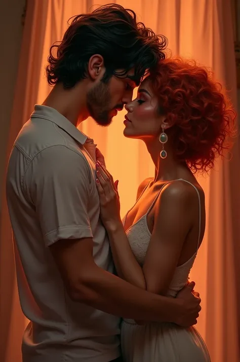 Cinnamon-skinned woman with short curly red hair and tall white-skinned man with dark wavy hair, without a mustache and without a beard. Both hugging each other and staring into each other&#39;s eyes with lots of love and desire to kiss.