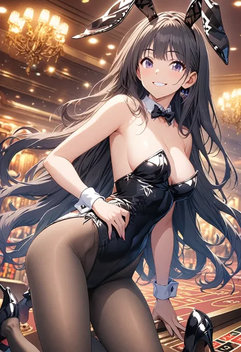 1 girl, Game CG,((Playboy、Bunny girl、Bunny ears、pantyhose、Wearing high heels)), Black Hair, Long Hair, Straight hair, black eye, (Sexy pose)), Casino Background,((smile))