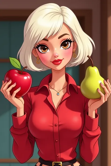 Barbie cartoon style, with brown eyes,short white hair ,dressed in a long-sleeved button-down shirt , red color with an apple and a pear in her hands ,seductive look 