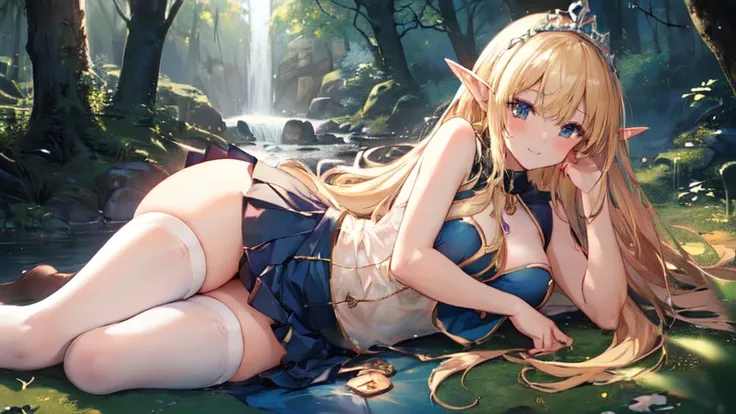 best quality、Highest image quality、Super beautiful elf beauty((22-year-old OL with big bust、Bust 90,Beautiful long permed hair、Blonde、Slender、beautiful tiara、high quality、Elf ears、Happy smile、myth、Sexy的、extremely good、Mysterious Forest、in the woods、super h...