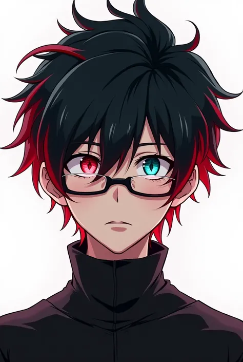 Help me create a My Hero Academia character with black hair and parts of his hair red with aqua red eyes and glasses on a completely white background 