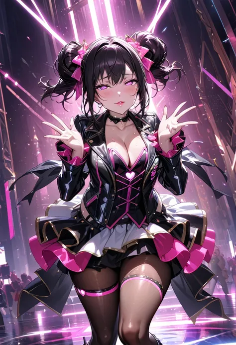 A young and beautiful person,(Highest quality,Extremely detailed depiction,Incredibly absurd high resolution,Anatomically accurate depiction,Nice hands, Perfect Fingers,Curvy Legs),(Glowing Skin,Shiny skin),(Sexy Idol),(Cute idol costumes,Black Leather Jac...