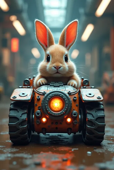 a highly detailed 3D render of a rabbit in a futuristic robotic tank, realistic mechanical design, intricate gears and machinery, glowing energy core, rabbit face with expressive eyes and fluffy fur, detailed environmental background with sci-fi elements, ...