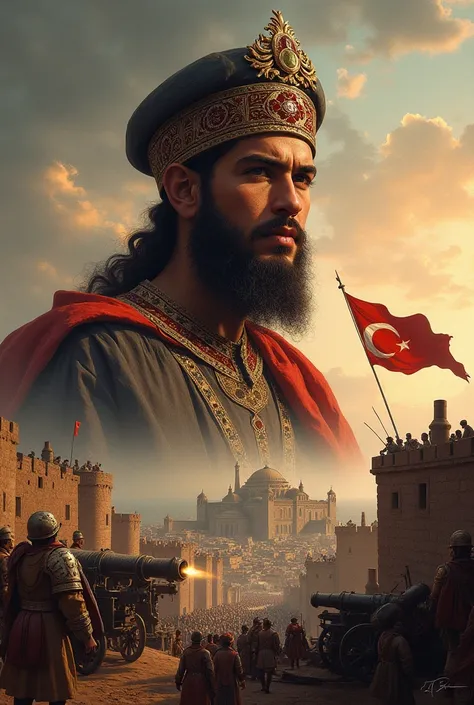 Portrait of Muhammad Al-Fatih, illustration of the siege of Constantinople, and pictures of forts and cannons]