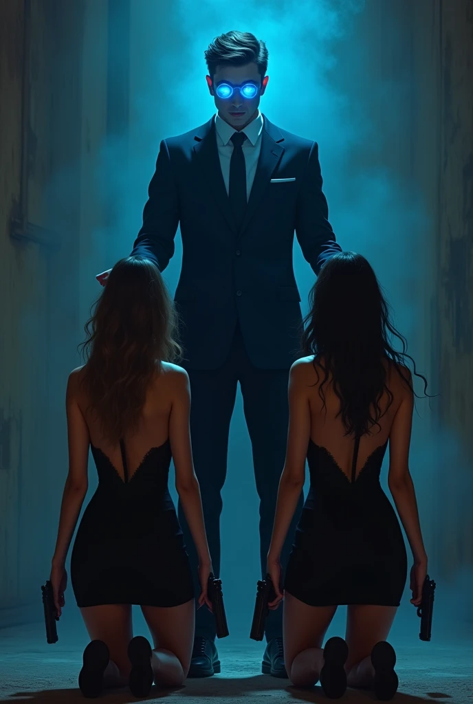 (A ( handsome man , black suit , Magical glowing blue eyes , fighting two beautiful girls they are wearing short mini black backless dress holding guns,they got Hypnotized when they see into his eyes ,thees eyes also start glowing like the man

( Then girl...